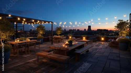 Rooftop terrace with an industrial theme. Showcase metal seating, wooden tables, and string lights. Color palette: Midnight blue, rusty orange, and ash © Filip