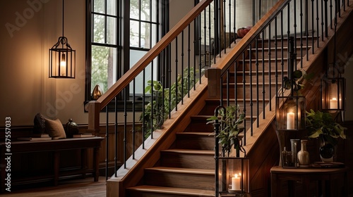 Staircase with metal railing and wooden steps. Emphasize the high ceilings and hanging light fixtures. Colors: Timber brown, wrought iron, and ecru