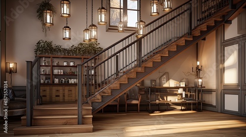 Staircase with metal railing and wooden steps. Emphasize the high ceilings and hanging light fixtures. Colors  Timber brown  wrought iron  and ecru