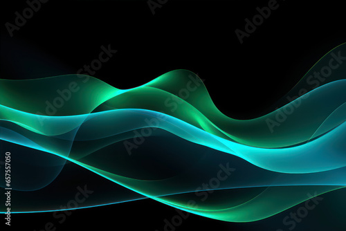 Abstract background with blue and green waves on a black background. Color light green abstract waves design
