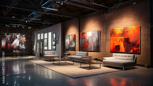 Warehouse transformed into a living space. Showcase the open space, large art pieces, and metal partitions. Colors: Smoke gray, tarnished silver, and red brick