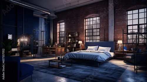 Studio apartment with industrial features. Emphasize open brick walls, large art pieces, and minimalist furniture. Color palette: Cobalt blue, matte gold, and off-white