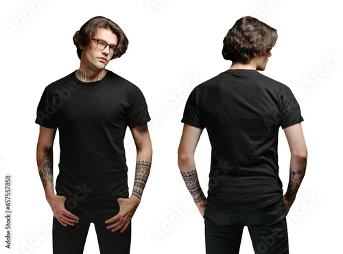 Man model with glasses wearing black blank t-shirt and black jeans over transparent background. Front and back view