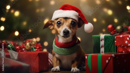 A dog dressed as a Christmas elf, surrounded by beautifully wrapped presents and twinkling lights, with space for text, background image, generative AI © Hifzhan Graphics