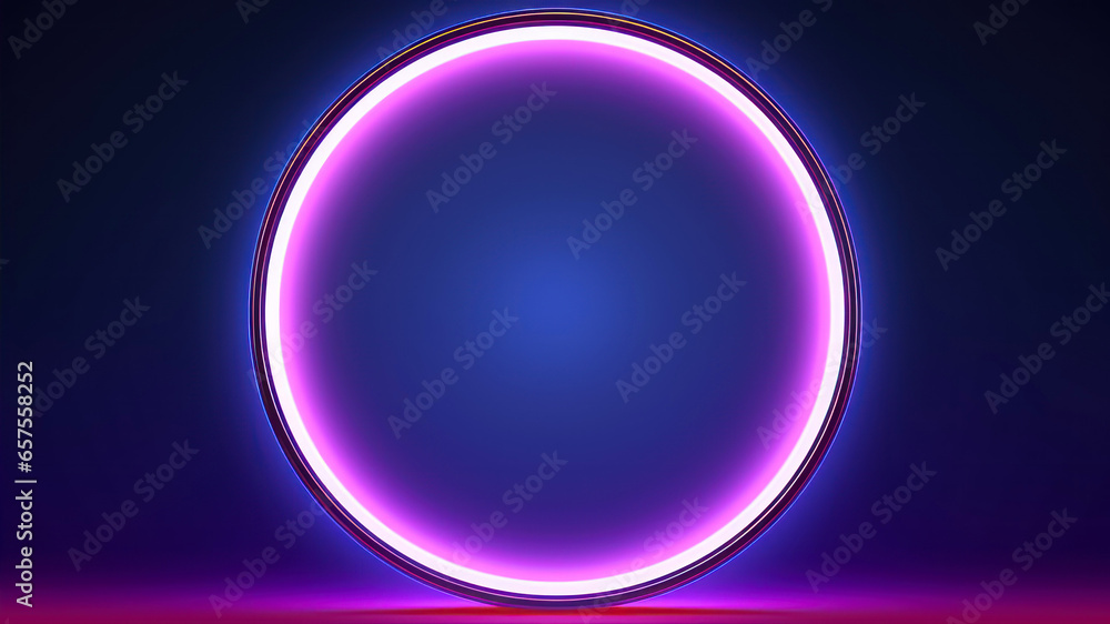 Neon round frame on dark background. Glowing neon circle frame.