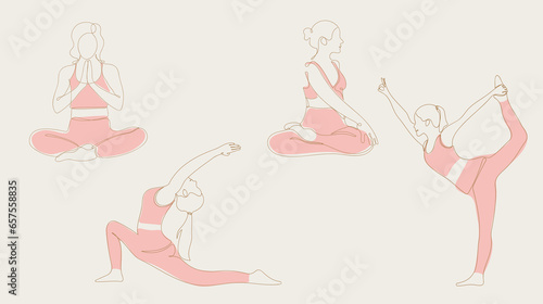 Сontinuous line art yoga poses. Continuous line art, yoga pose, woman practicing yoga. Boho continuous line yoga exercise.  Healthy lifestyle, woman fitness,  yoga concept.