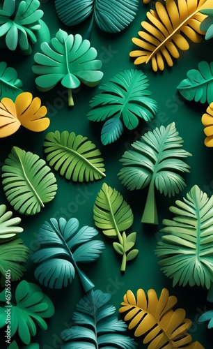 Tropical Trees and leaves wallpaper design. 3D illustration, Generative AI