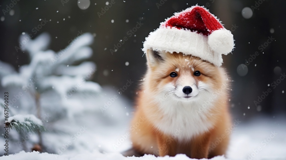 Fox wearing a santa claus hat in the snow. Generated with ai. Fox wearing a santa claus hat in the snow. Generated with ai.