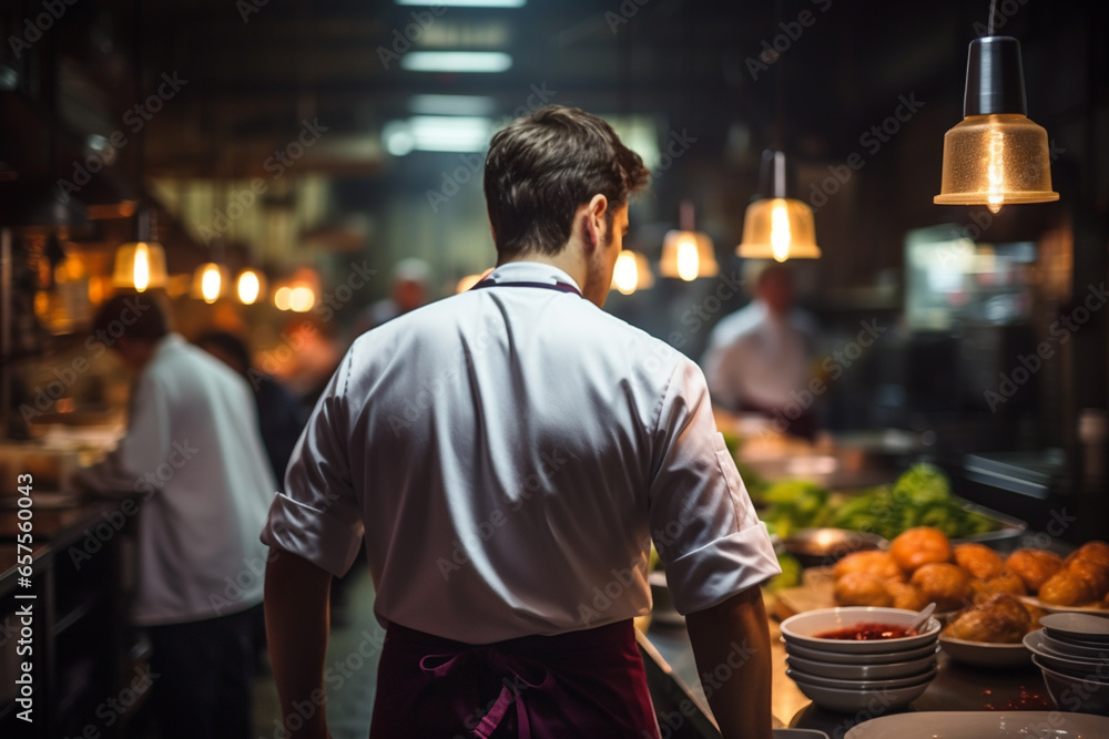 Head of Chef from behind checking food preparation Head of Chef from behind checking food preparation