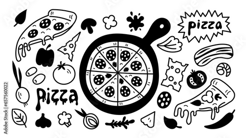 Pizza with ingredients food doodle set. Vector illustration. Hand drawn black line art elements for pizzeria, delivery, restaurant, menu, kitchen design. 