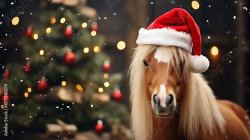 Horse wearing a santa claus hat with christmas tree in background
