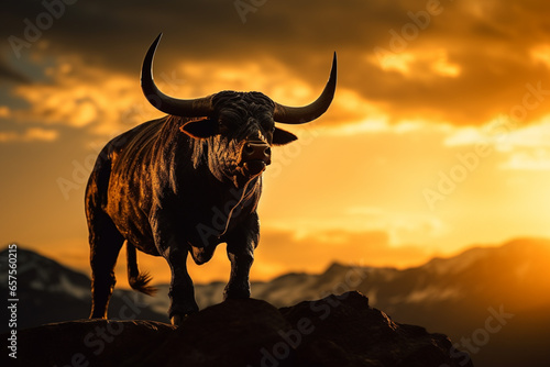 A horned bulll on top of a cliff, business and stock concept photo