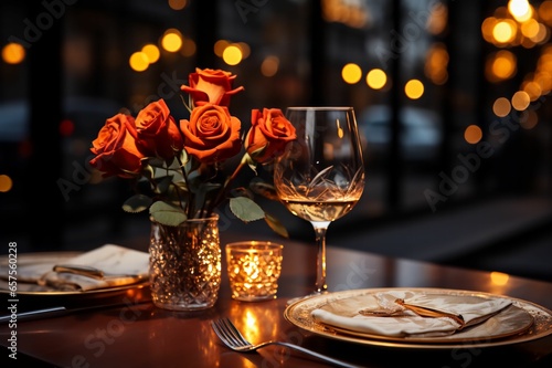 Table de restaurant romantique avec de jolie rose et une bougie pour la Saint-Valentin autour d'un verre de champagne