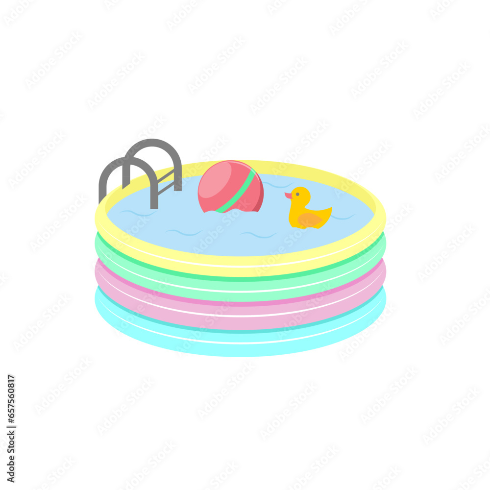 Vector illustration of swimming pool isolated on white background. Cartoon rubber pool full water with inflatable ball and duck toy