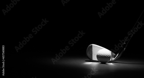 Golf Club and Ball Banner on a Black Background with Copy Space