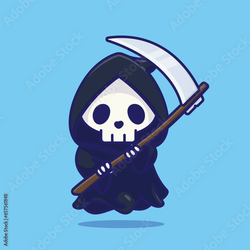 Cute grim reaper holding scythe cartoon vector illustration halloween holiday concept icon isolated