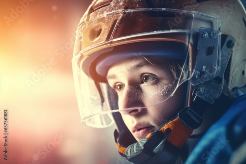 Young ice hockey player. Sport boy face. Generate AI