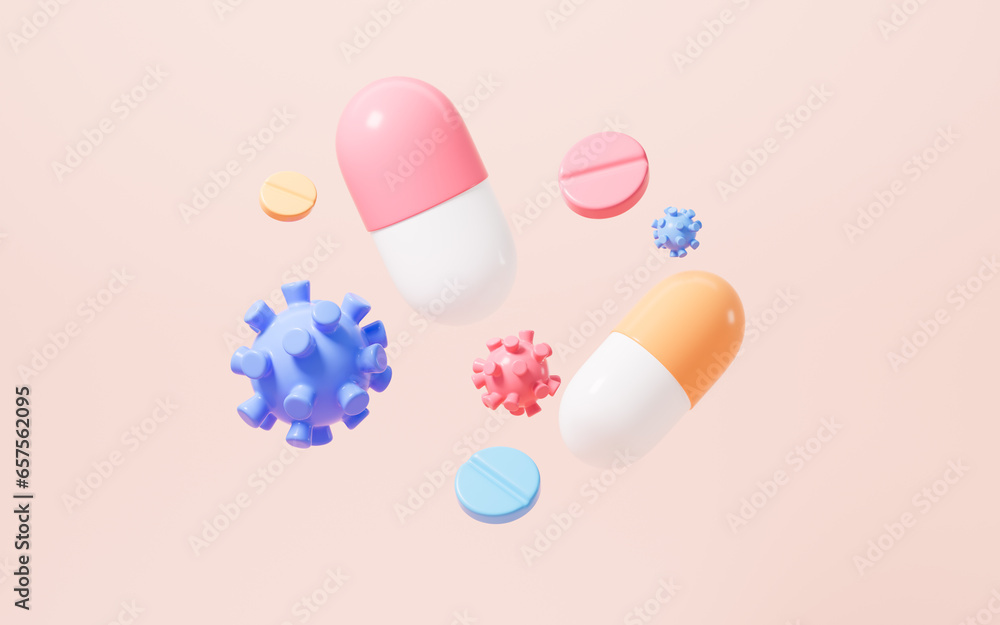 Virus and drug therapy, 3d rendering.