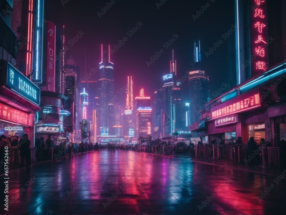 A futuristic cityscape at night with neon lights.