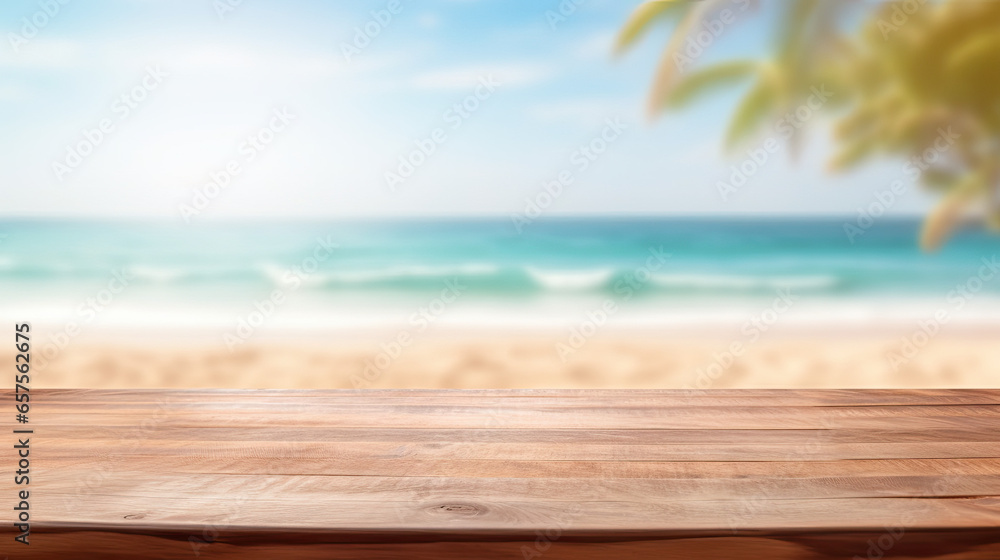 Summer Beach Retreat Wooden Tabletop Background Created with Generative AI