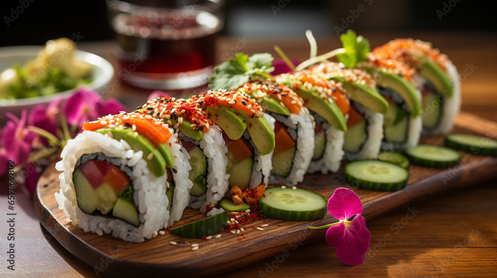A Close-Up of a Vegetarian Sushi Roll A Close-Up of a Vegetarian Sushi Roll