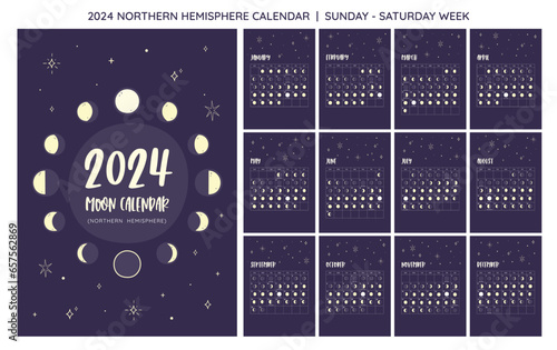 2024 Moon Calendar Northern Hemisphere. Sunday Start.