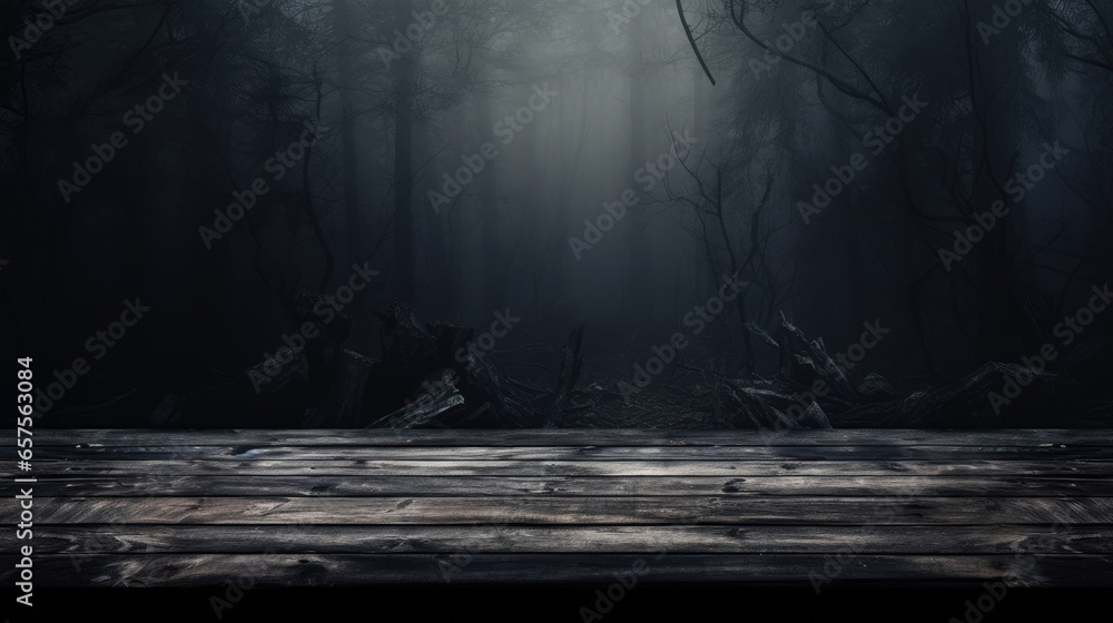 Rustic Tabletop with Sinister Wooded Mistfall Background Created with Generative AI