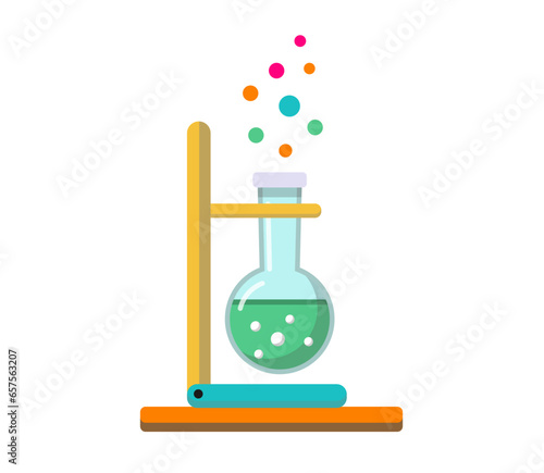 Glass flask with colorful liquid inside, chemistry experiment equipment. Laboratory research, testing, studies in school. Flat vector illustration