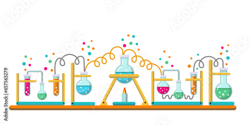 Chemical Laboratory with different glass flasks, vials, test-tubes.Experiment equipment. Lab research, testing, studies in chemistry in school. Flat vector illustration