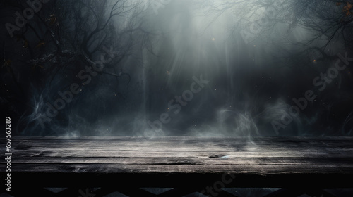 Rustic Tabletop with Sinister Wooded Mistfall Background Created with Generative AI