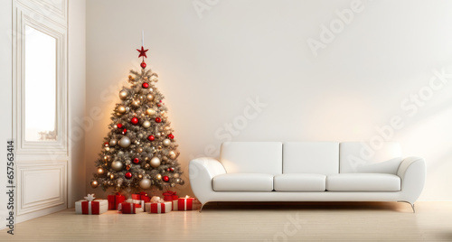 Grosser Raum mit Weihnachtsbaum und weissem Sofa