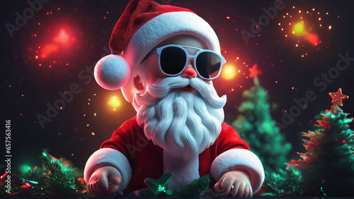 Lustiger comicartiger Weihnachtsmann steht vor weihnachtlicher Deko