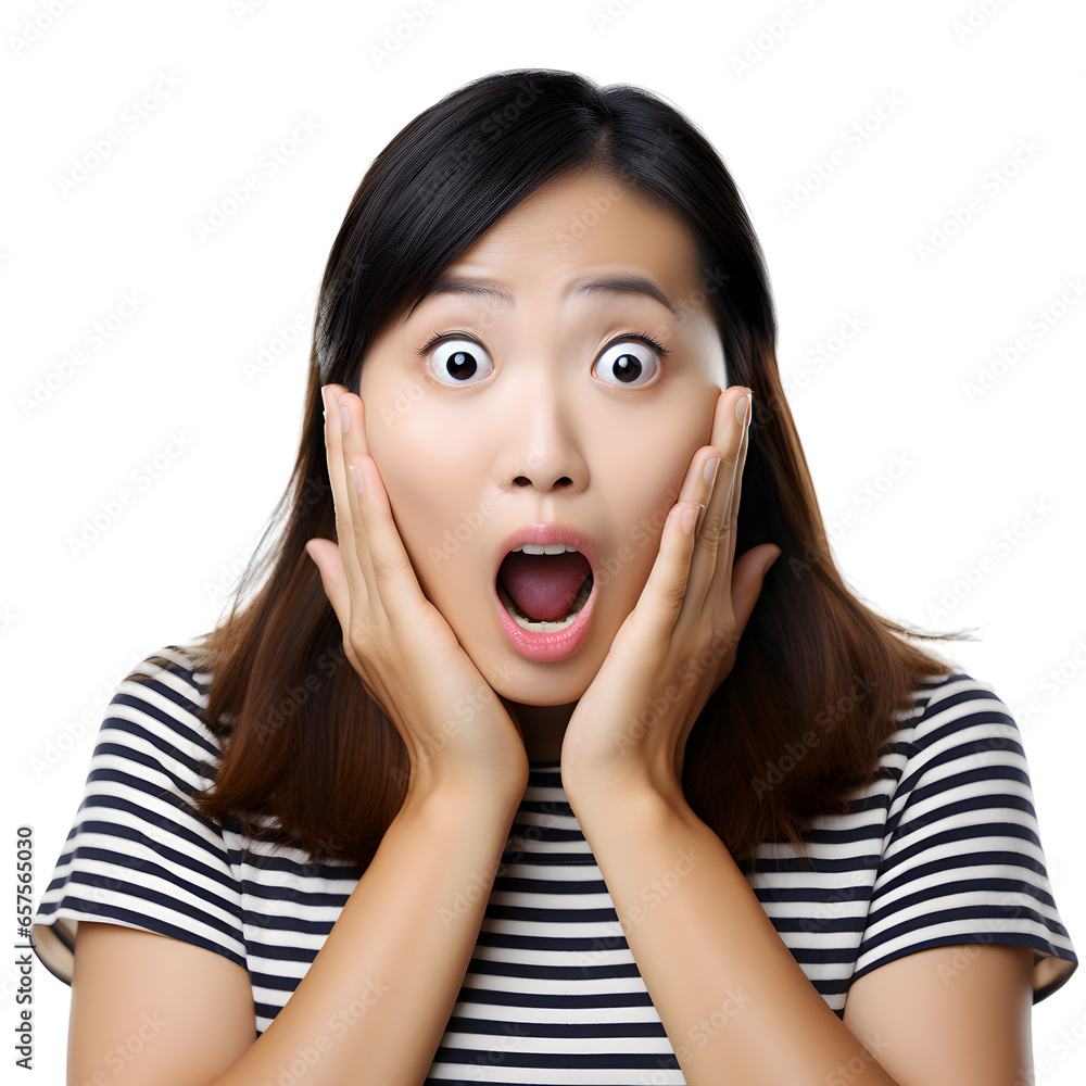 surprised asian woman with hands up isolated surprised asian woman with hands up isolated