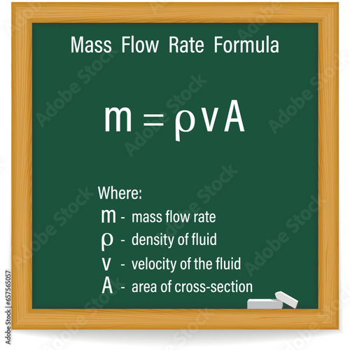 Mass Flow Rate Formula on a green chalkboard. Education. Science. Formula. Vector illustration.
