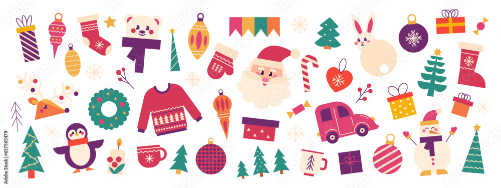 Christmas and New Year set. Santa, gifts, Christmas tree, deer and festive elements. Vector trend illustration Christmas and New Year set. Santa, gifts, Christmas tree, deer and festive elements. Vector trend illustration