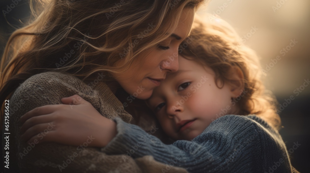 Single mother comforting her child after a tough day Single mother comforting her child after a tough day