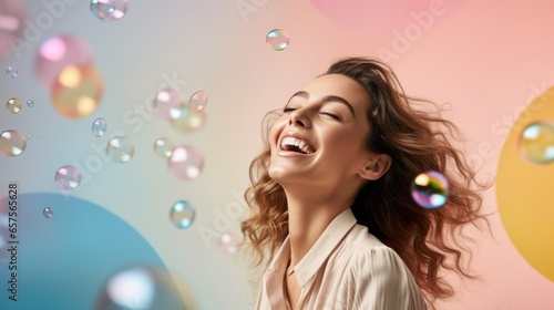 woman against a soft pastel backgroud with soap bubbles