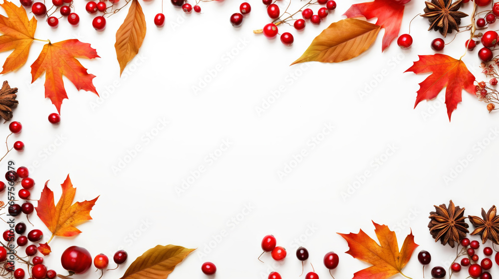 Autumn creative frame composition with dried leaves, chestnuts, red berries and cones on white background. Generative AI