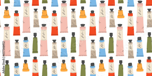 Seamless pattern with Paint tubes on white background, oil paint, acrylic, gouache or watercolor, cartoon style. Trendy modern vector illustration, hand drawn, flat design