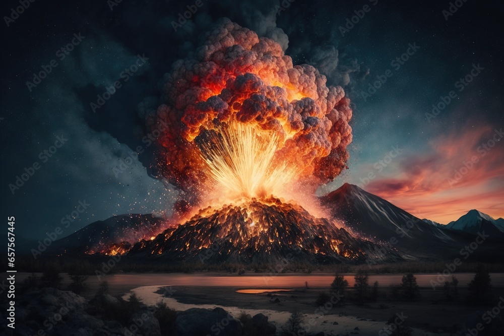 Big bang, mushroom from explosion, nuclear explosion, volcanic eruption, digital art style, illustration painting
