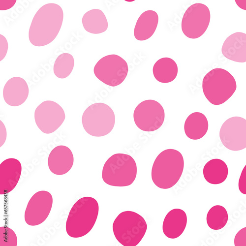 Simple rough dotted seamless raster pattern. Hand drawn pink shades dots isolated on white background. Girlish infantile style geometric allover print. Irregular Cute Polka dots backdrop