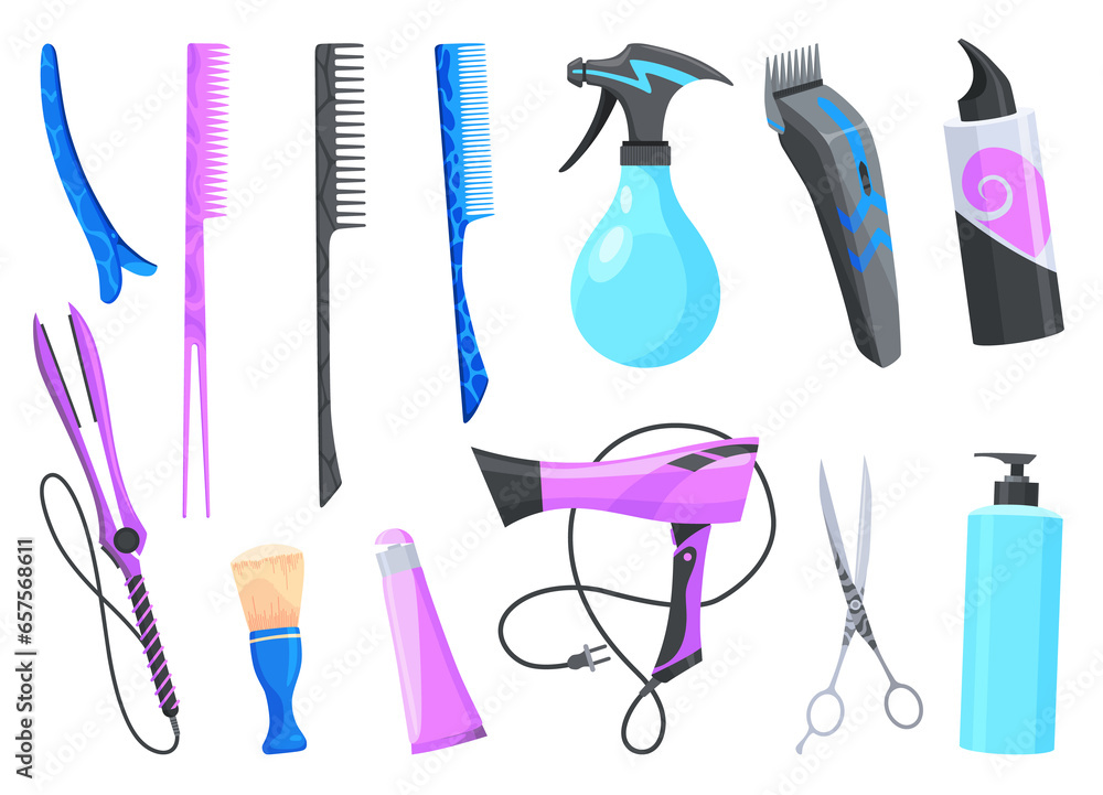 Hairdresser accessories. Cartoon professional tools for barbershop. Salon barber accessory, hair brush, comb, hairdryer and scissors. Beauty fashion set of hairdressing accessories