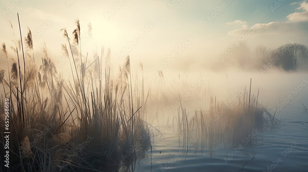 Beautiful serene nature scene with river reeds fog - obrazy, fototapety, plakaty 