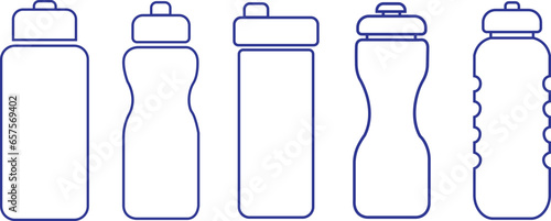 set of Plastic blue line bottles for water icons. Vector Plastic bottles collection with editable stock for web and advertising isolated on transparent background. Can be used for Summer and Holidays.