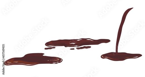 syrup is brown. soy sauce. Melted chocolate, cocoa. Vector illustration. Spilled sauce drops. Isolated on a white background.