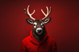 reindeer with red Christmas sweater on a red background, studio shot
