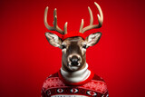 reindeer with red Christmas sweater on a red background, studio shot