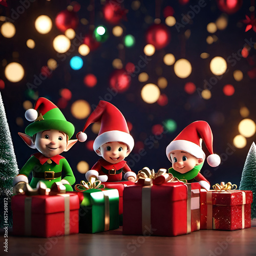 Three-dimensional elf children preparing gifts for the kids of the world
