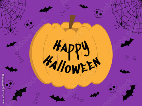 Happy Halloween simple funny banner with pumpkin, spiders, bats, skulls and bones. Halloween congratulation card. Vector illustration.