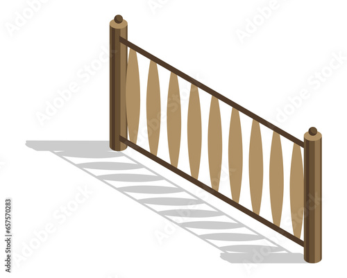 Isometric fence icon. Urban real estate boundary element. Spans fences of wooded and steel materials. For gaming environment, app or web design